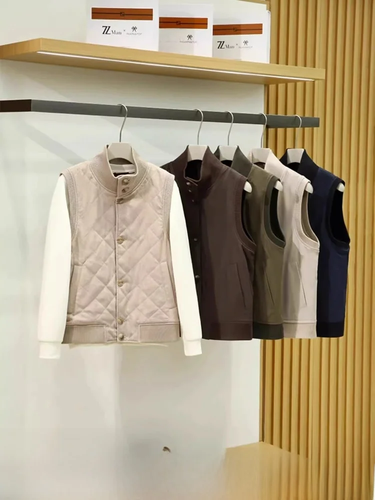 

Double-Sided Wear Italian Luxury Men's Lenzing Blend Warm High-End Cotton Vest Trendy Stand Fit Single-Button Closure Soli...