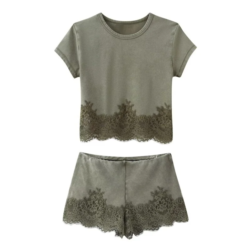 2026 New Arrival Sage Green Lace Trim 2 Piece Outfit Women Round Neck Short Sleeve Crop Top & Casual Shorts Summer Vacation