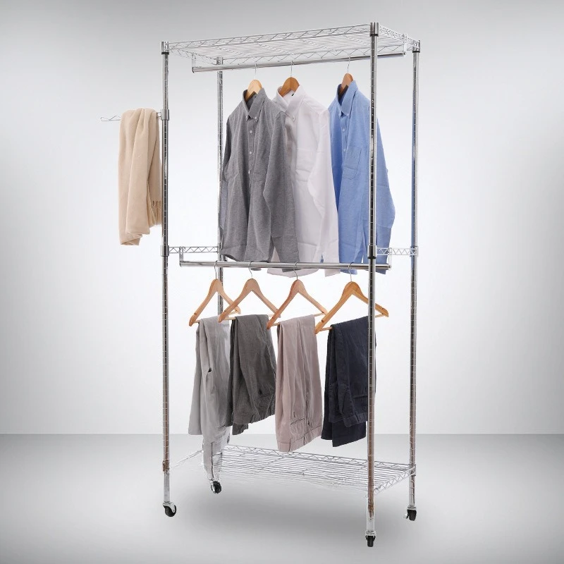 Electroplated chrome wire mesh simple wardrobe with universal wheel laundry hanger laundry industrial style wardrobe rack