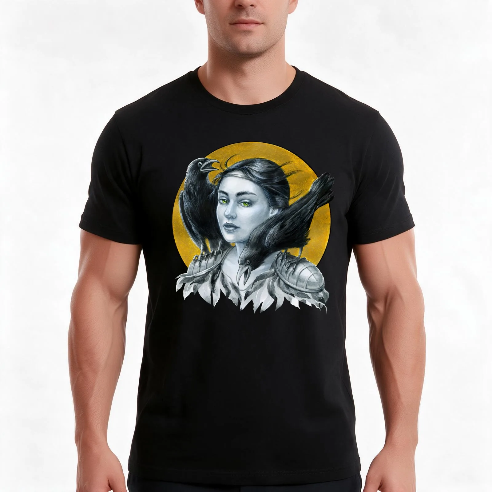 Celtic Raven Goddess of War. The Morrigan. Fantasy art. Mix media. T-Shirt Summer Casual Cotton Tee Oversized Streetwear Tops