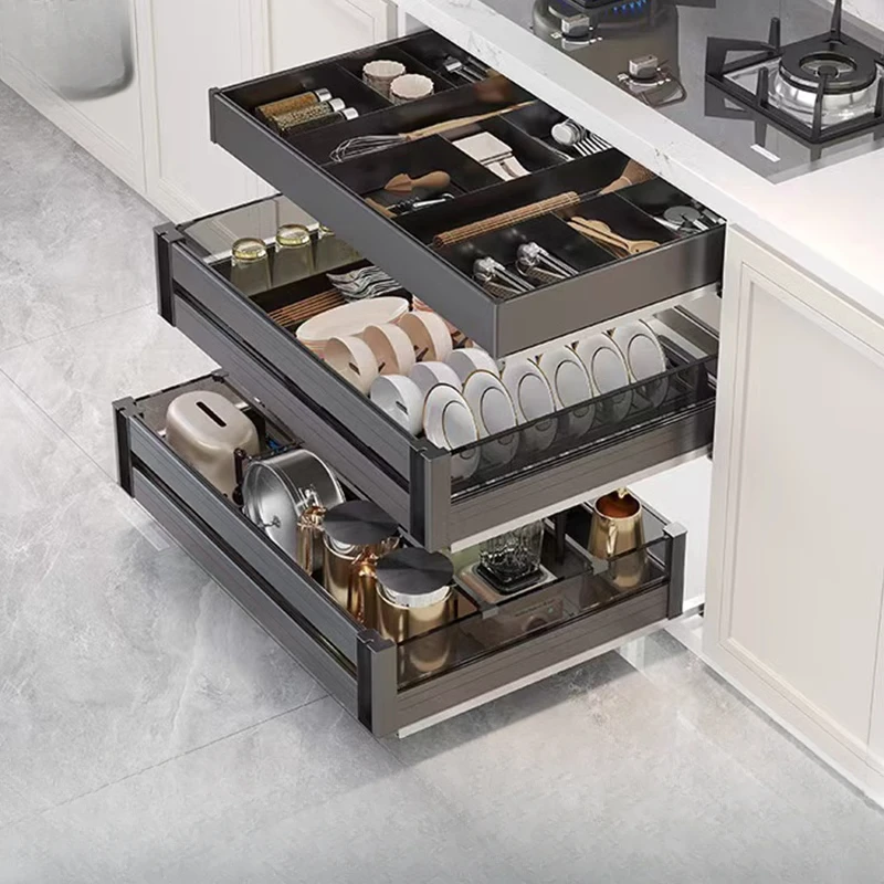 

Kitchen Cabinet Drawer Type Double Triple All Aluminum Deepened Basket Dishes Pot Storage Basket Tool Classification Baffle Draw