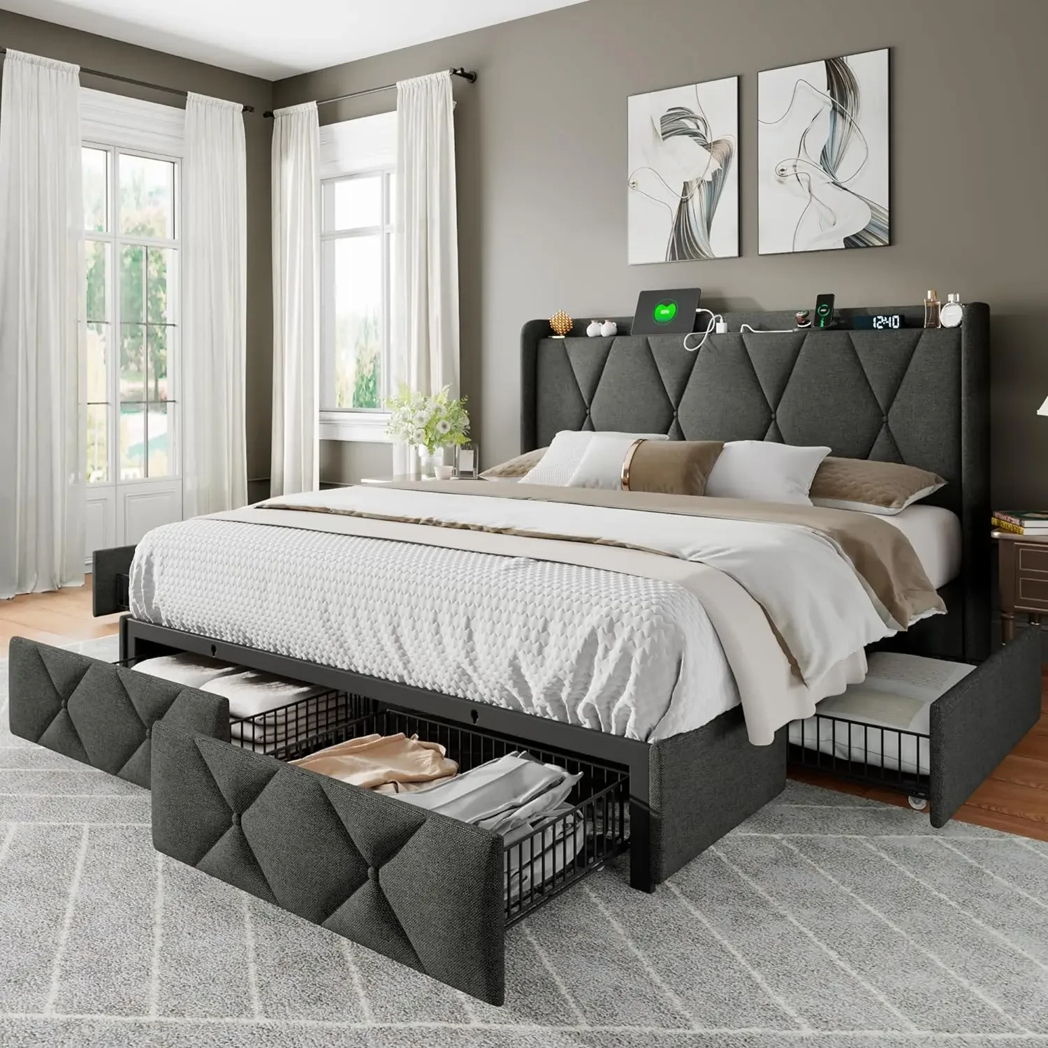 

Full Bed Frame with 4 Storage Drawers, Upholstered Button Tufted Storage Headboard with Fast Charging Station, Heavy Duty Slats