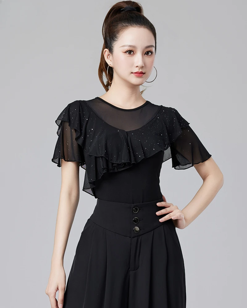 Latin Dance Top Women\'s Spring and Summer New 2024 Short-sleeve Mesh Ruffle Leaf Edge Dance Modern Square Ballroom Dance Costume