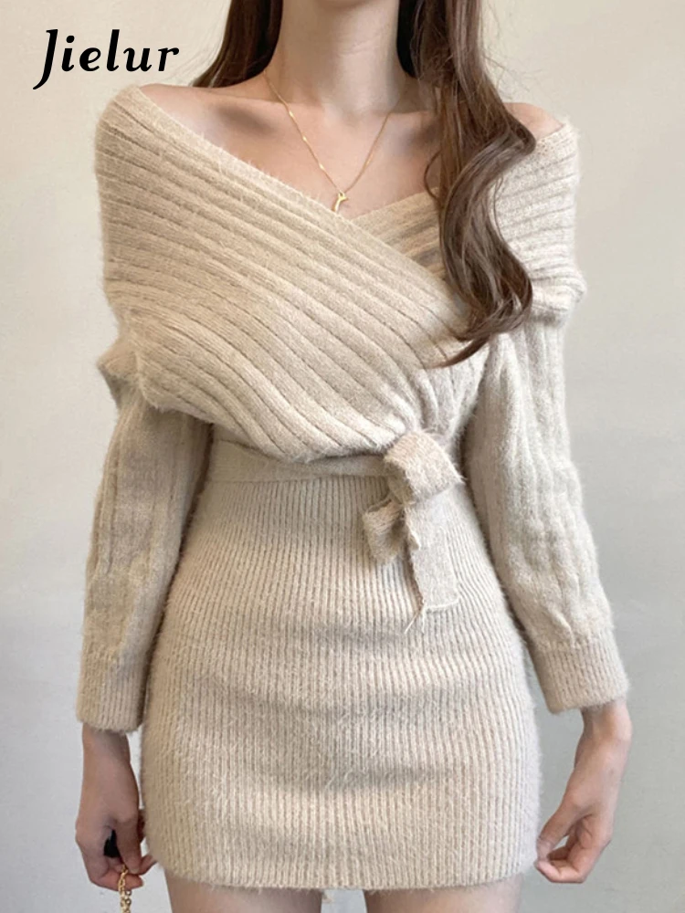 

Jielur Korean Chic Woolen Dress for Women Cross V-Neck Elegant Mini Knit Dresses Bodycon Fall Vestido Feminino Winter 2022 New