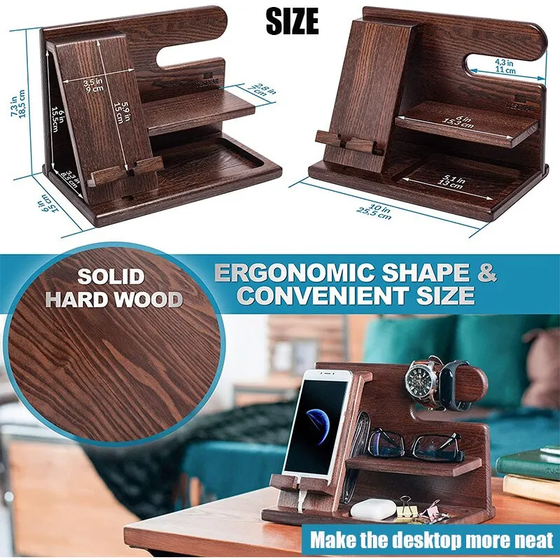 Wooden Mobile Phone Holder Desktop Storage Rack Multifunction Shelf Sundries Tray Charging Station Organizers Storage for Gift