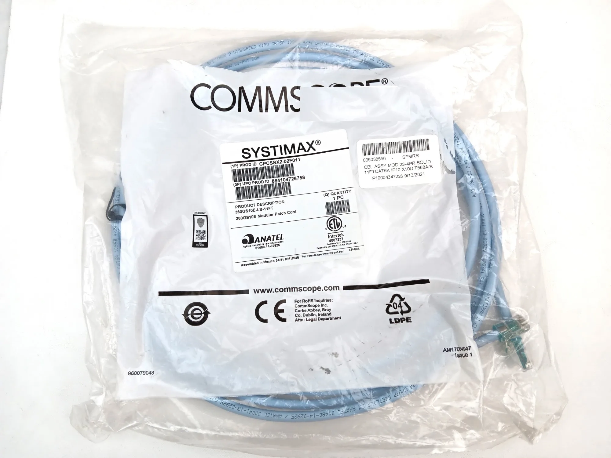 

CommScope CPCSSX2-02F011 11-футовый коммерческий кабель X10D — твердый — RJ45 — Cat 6E — IP10 — UTP — 4 пары — 23AWG — синий