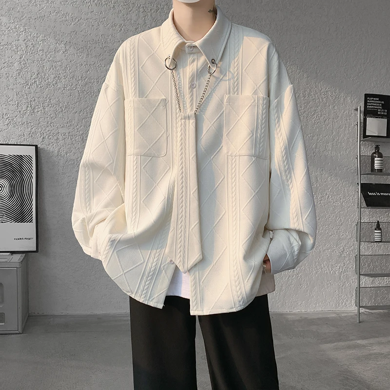 

Men's Textured Design Oversized Shirt with Detachable Tie Unique Single Breasted Long Sleeve Casual Shirt for Plus Size Fashion