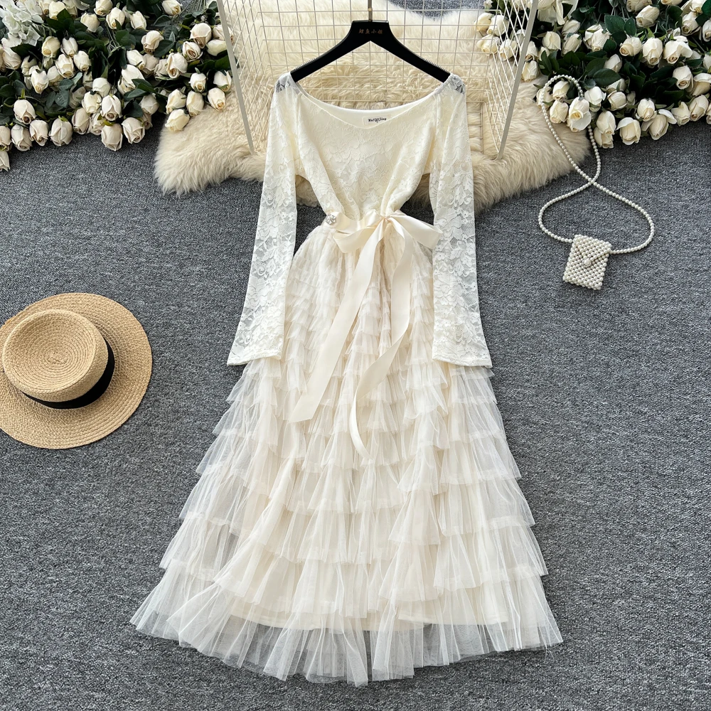 

Шикарный винтажный сетчатый кружевной элегантный сказочный весенний женский сарафан с длинными рукавами, женская одежда, платье трапециевидной формы