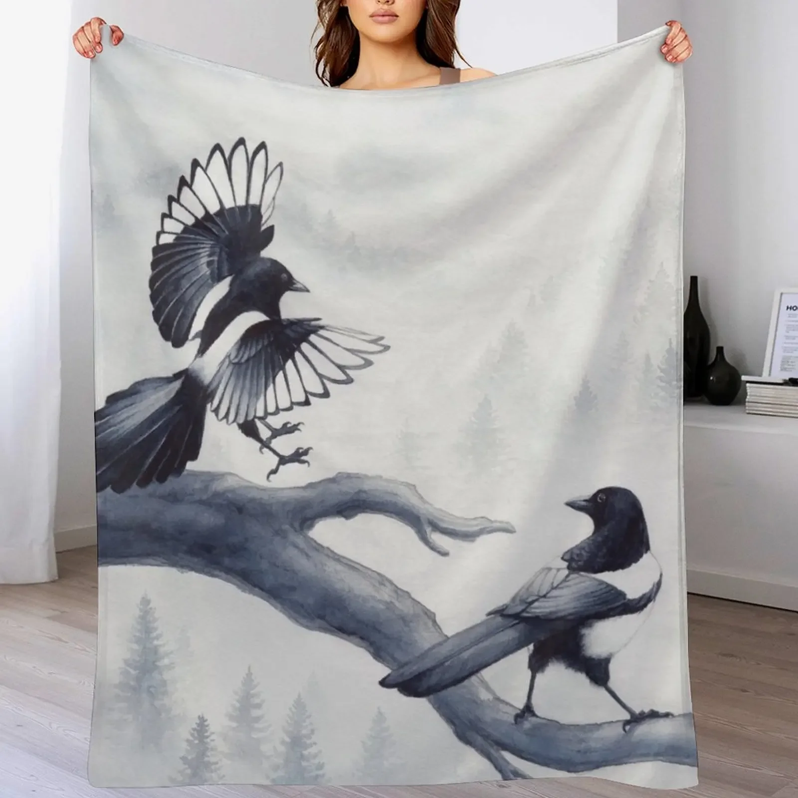 

Two magpies in a misty forest Throw Blanket warm for winter Flannel Fabric Sofas for winter Blankets