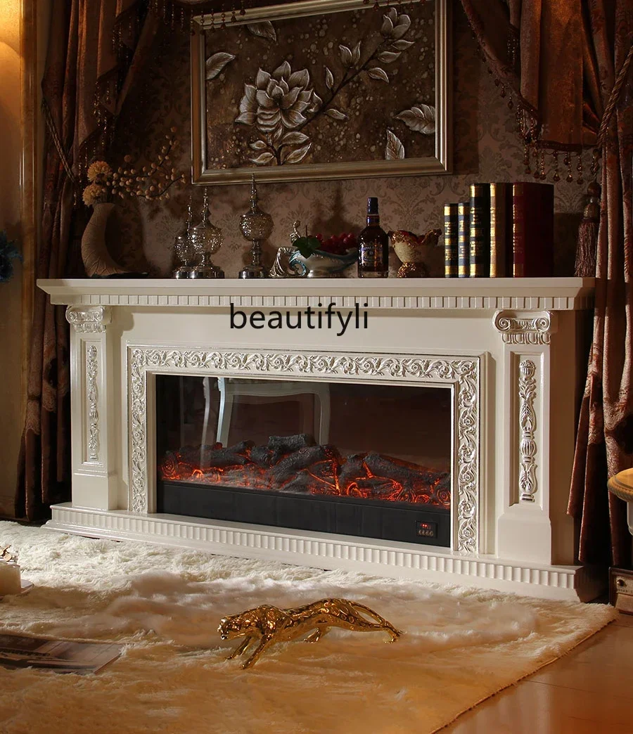 French Retro Fireplace  American Curio Cabinet European White Silver Paste Electric Fireplace Electronic Simulation Flame