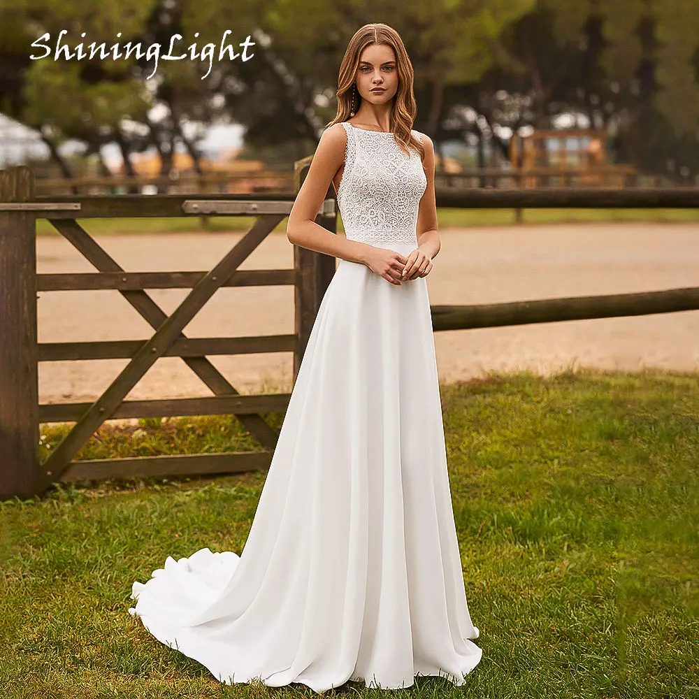 

ShiningLight Boho Lace Wedding Dress 2026 Chiffon Boat Neck A-Line Bridal Gowns Backless Bespoke Vestidos De Novia Customized