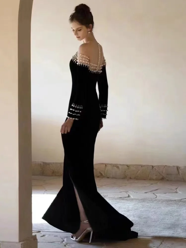 

French black evening dress, high-end light luxury niche host dress, high-end atmospheric performance clothing