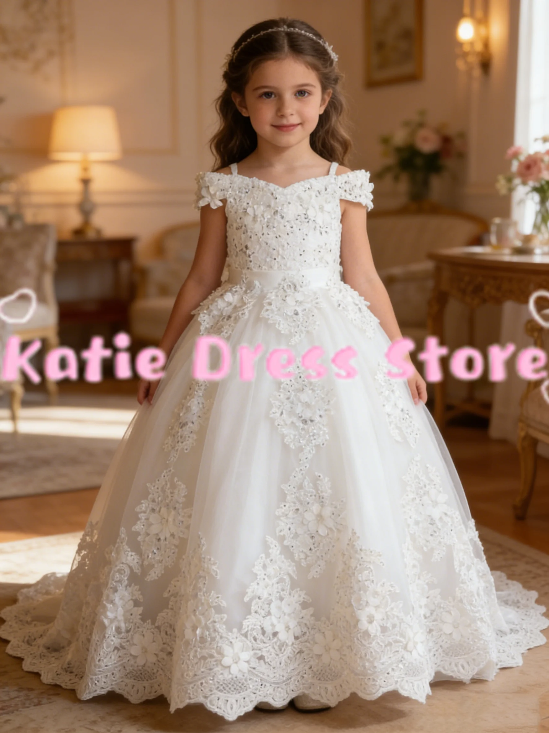 

White Flower Girl Dress For Wedding Tulle With Bow Lace Applique Kids Birthday Party First Communion Ball Gowns Customized