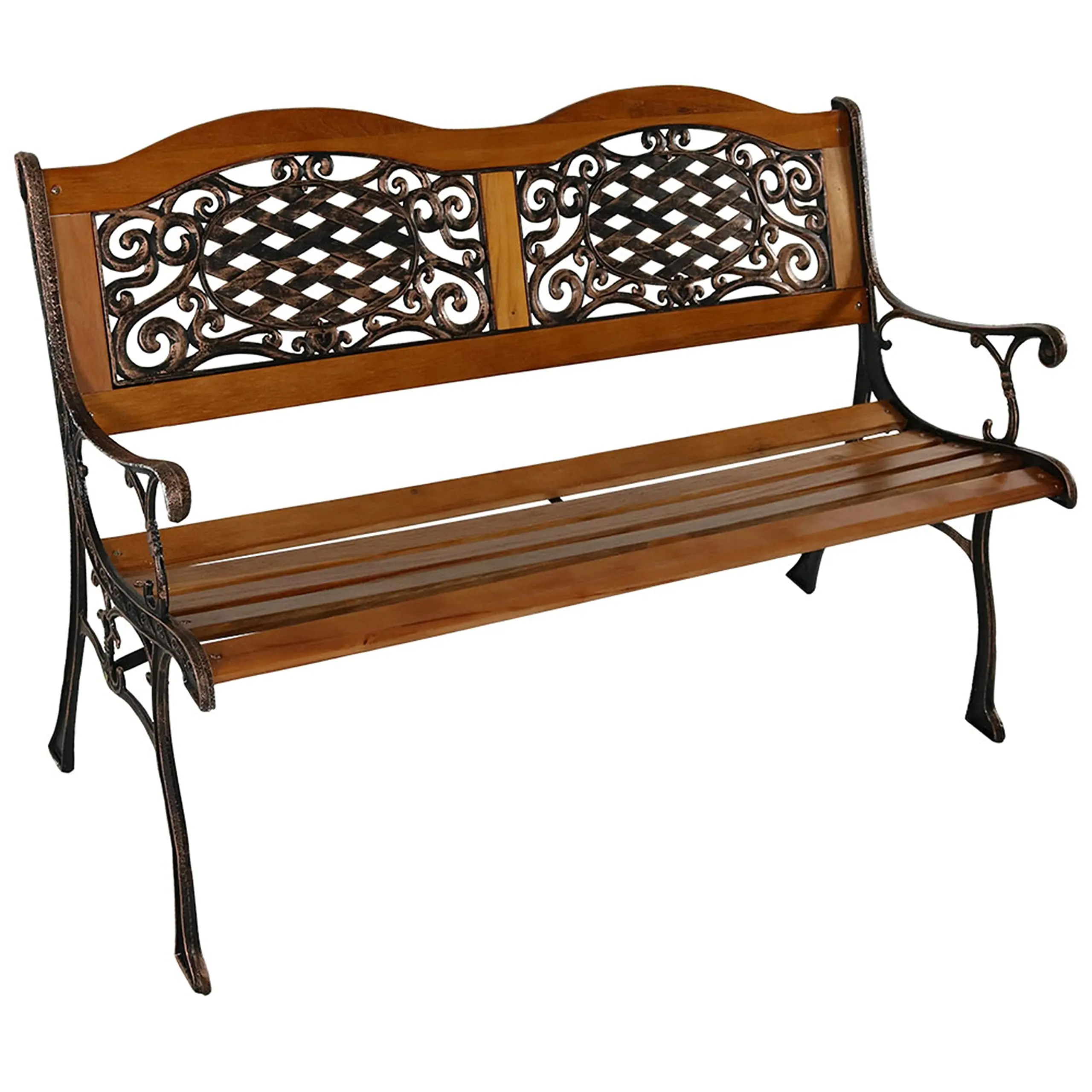 

Ornate Cast Iron And Wood Two-Seater Outdoor Bench With Lattice Backrest And Scrollwork Details, 49 Inch