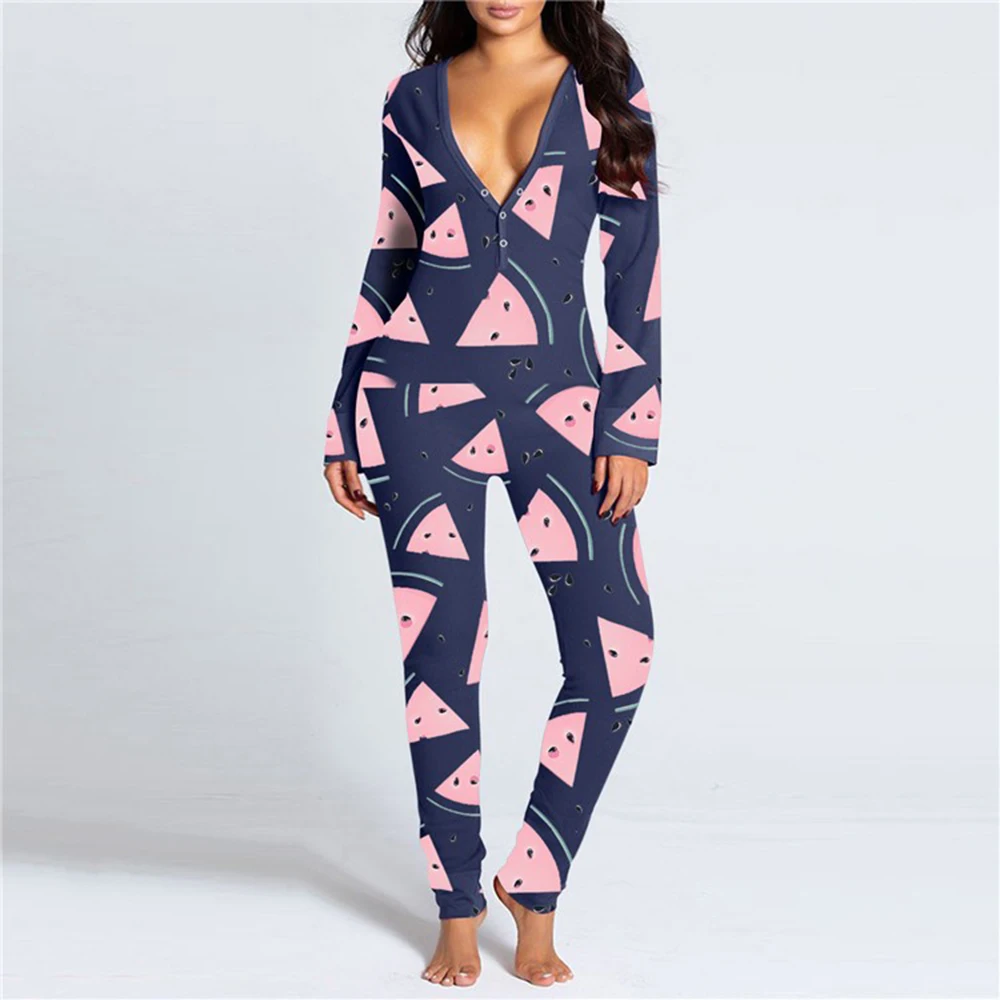 Vrouwen Sexy Pyjama Rompertjes Button-Down Front Functionele Dichtgeknoopt Flap Volwassenen Pyjama V-hals Lange Mouw Jumpsuit Vr