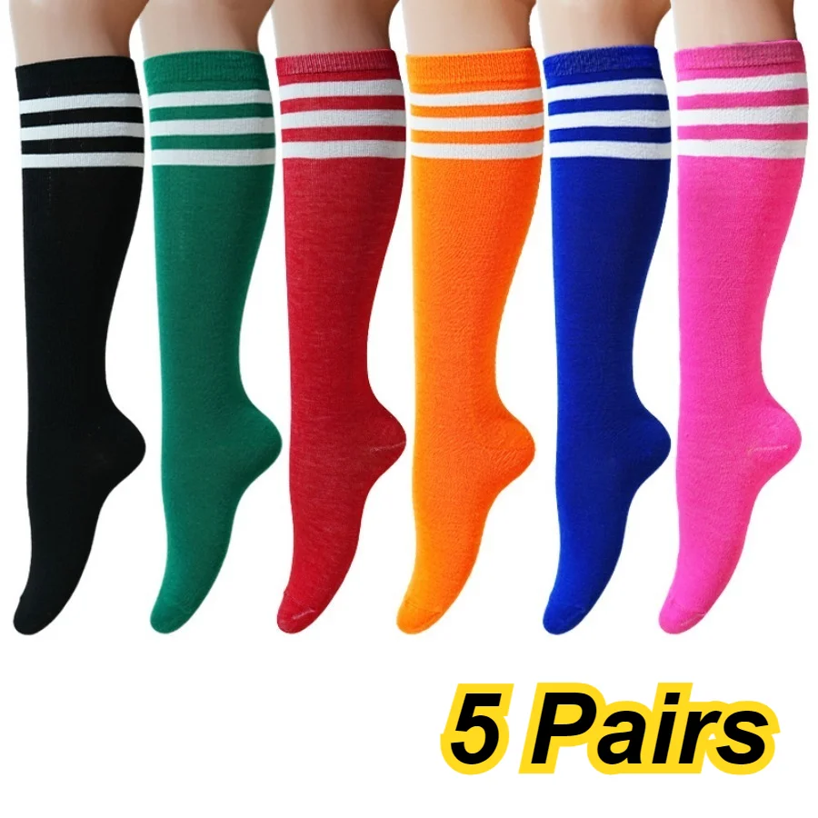 5 Pairs of Women's Knee-high Calf Socks, Striped Party Performance Socks, Athletic Style Thigh-high Socks