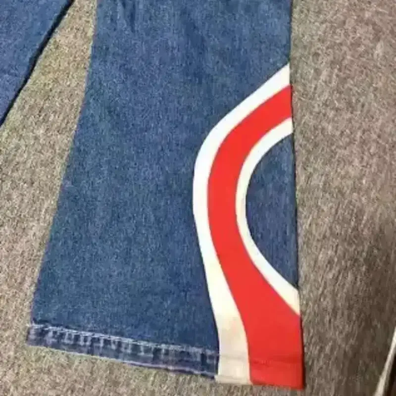 American High Street Striped Jeans Men's Contrast Color Spliced Design Streetwear Spring New Wide Leg Pants Trendy