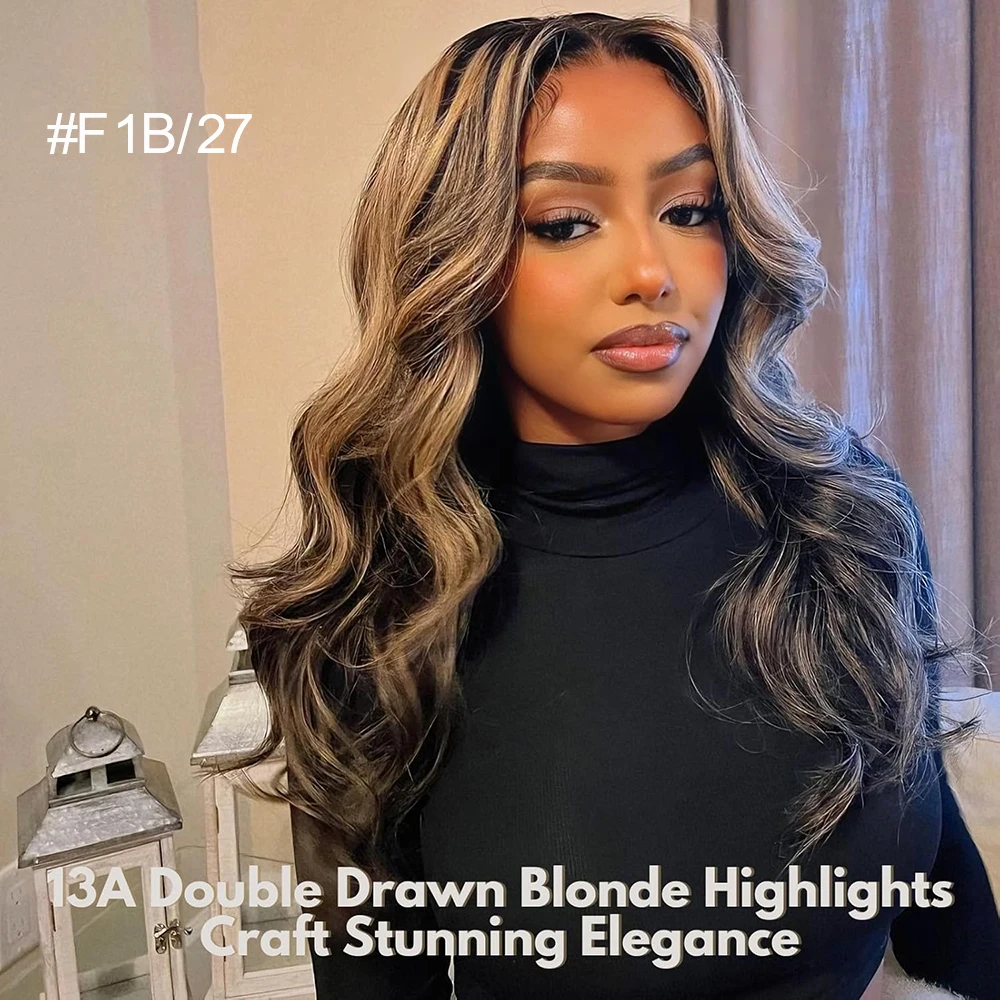 Highlight Human Hair Bundles with Closure Body Wave Ultra Thick F1B/27 Honey Blonde Ombre Raw Hair Bundles with 4x4 Lace Closure