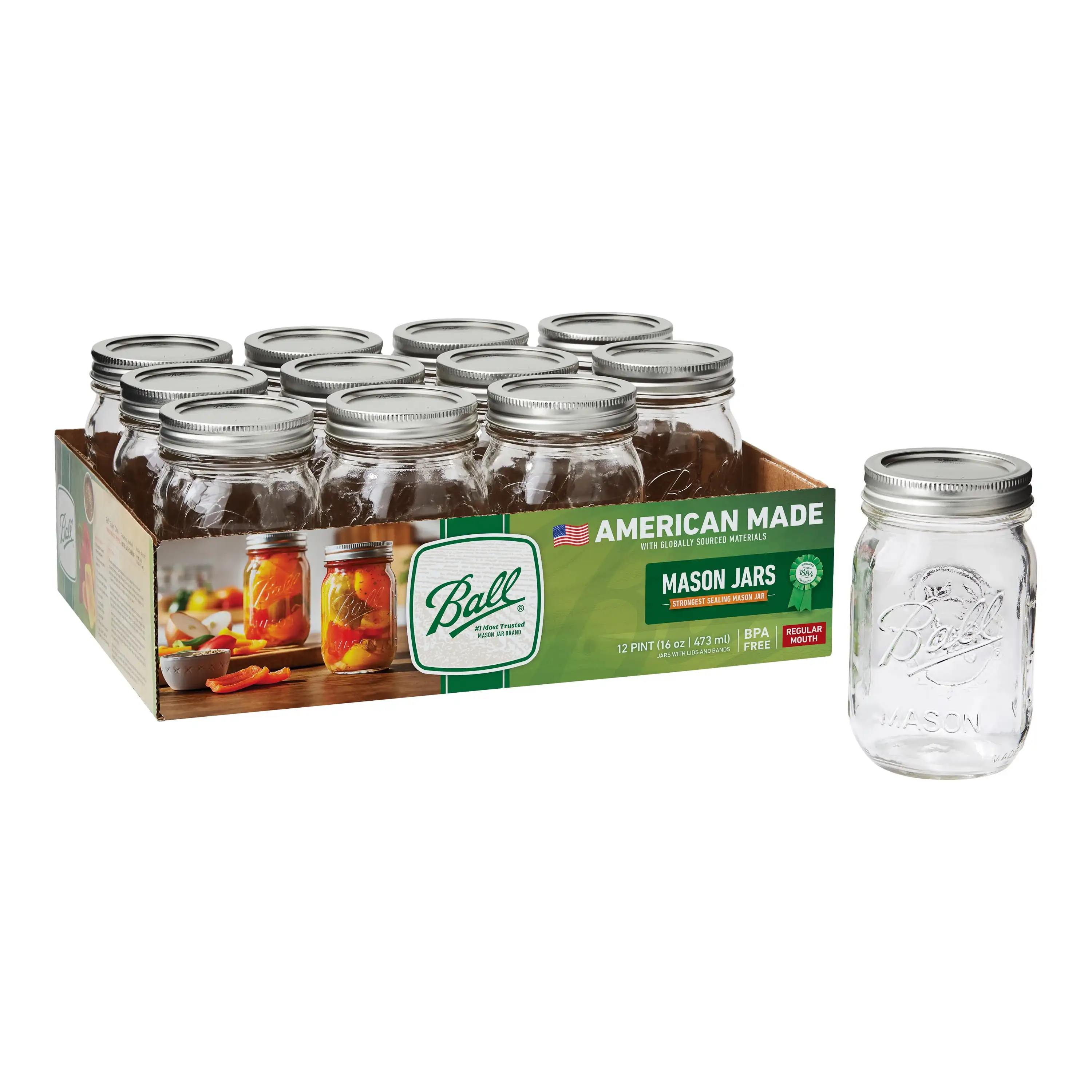 

Regular Mouth 16oz Pint Mason Jars with Lids & Bands, 12 Count