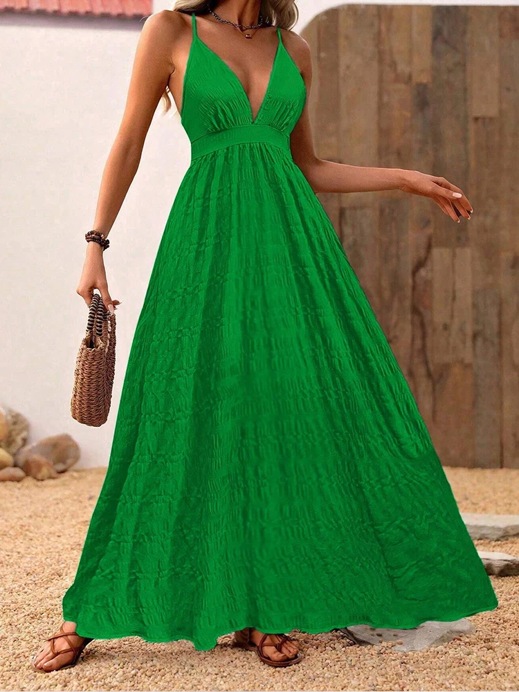 

Sexy V-Neck Bareback Strap Slimming Big Swing Dress 2025 New Fashionable Summer Women'S Clothing