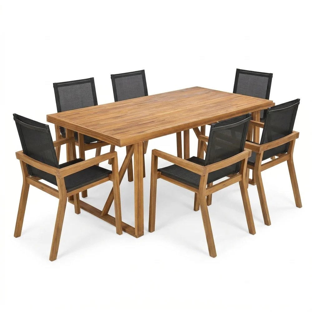 

7 Pieces Acacia Wood Outdoor Dining Set s,Modern 6 Chairs 1 Large Table, Dining Furniture Set for Lawn, Backyard, Garden Deck,Poolside,Teak