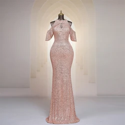 Rose Gold Sequins Mermaid Evening Dresses Keyhole Neck Off Shoulder Women Long Trumpet Prom Dresses Party Formal