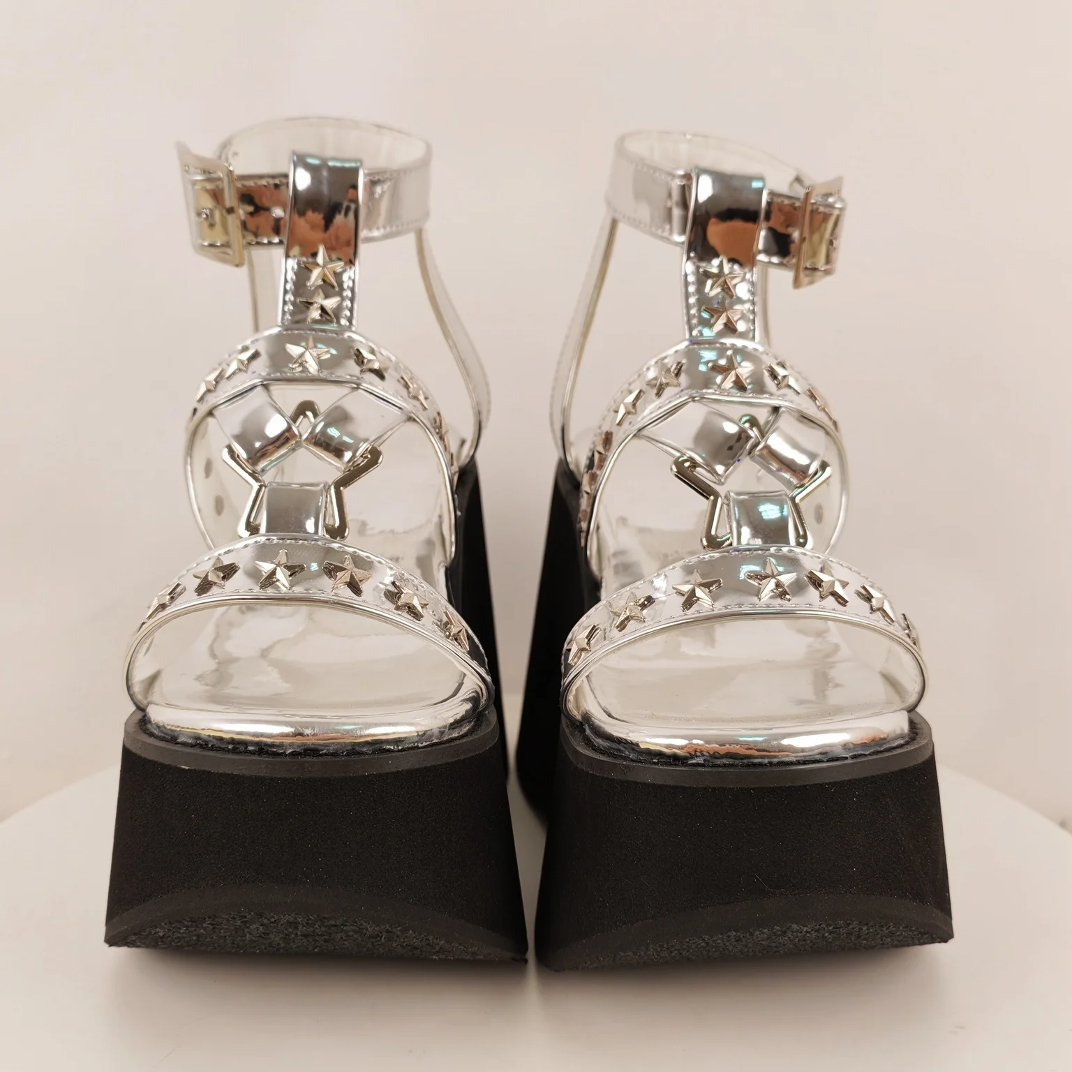 Women's Silver Metallic Platform Wedge Sandals Star Studded Ankle Strap with Chunky Heel for Parties Festivals Bold Y2K Glam