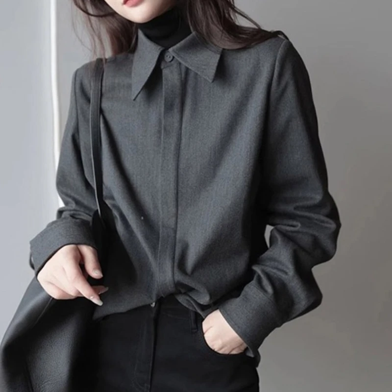 

Vintage Single Breasted Grey Women's Blouses Workwear Long Sleeve Korean Casual Office Loose Shirt Female 2025 New Spring Autumn