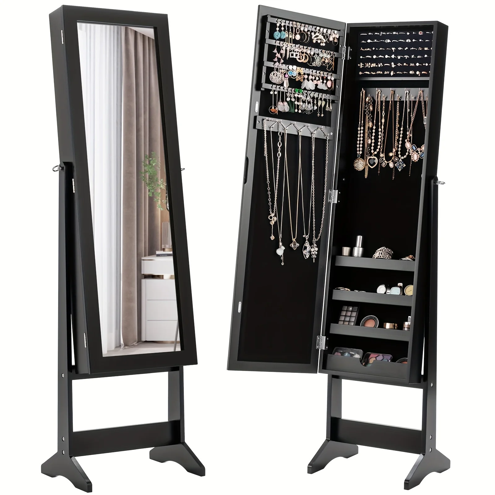 

Giantex Jewelry Armoire Cabinet, Standing Jewelry Organizer w/Full-length Mirror & 3 Adjustable Angles, Black