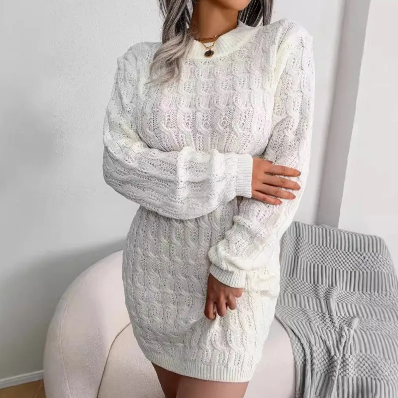 

Long-Sleeved Crew Neck Slim Knit Sweater Dress For Women Autumn Winter Thick Knitted Dress O-Neck Bodycon Stretchy Midi Dresses
