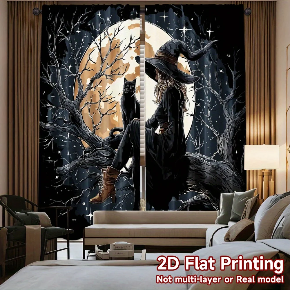 2D Flacher 2-teiliger Hexen-Mond-Katzen-Gothic-Halloween-Vorhang für Schlafzimmer Wohnzimmer Dunkle Fantasy-Dekoration Gardine