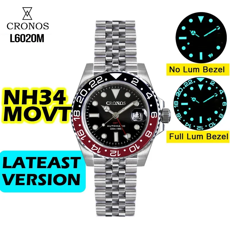 

Cronos GMT NH34 Automatic Men Watch Bidirectional Bezel Sapphire 20 ATM Solid 5 links Metal Bracelet BGW-9 Lum lateast Version