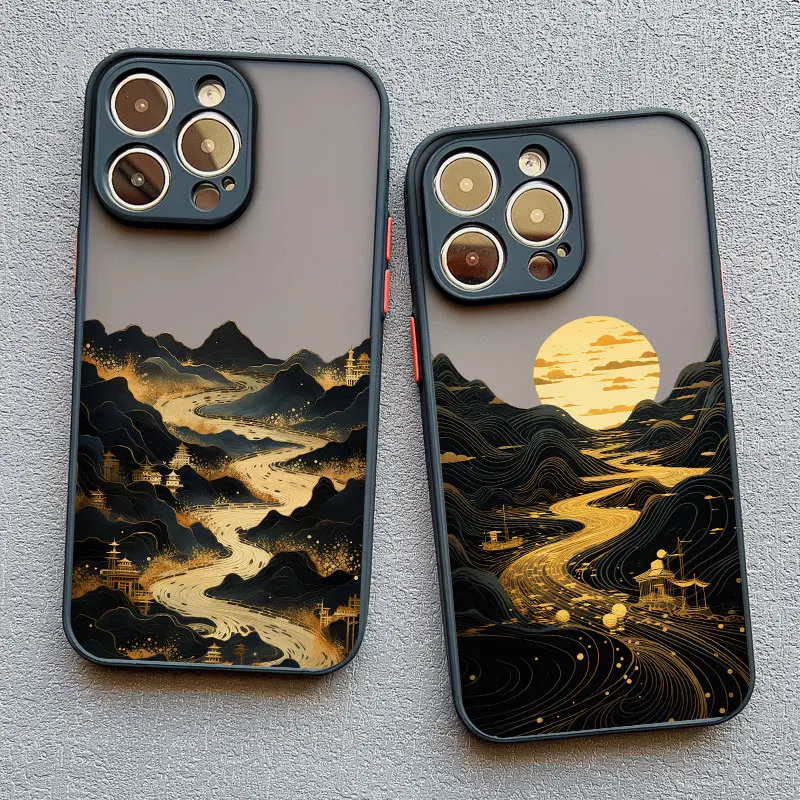 INS Mountain river Landscape Sunset Phone Case For iPhone 11 12 13 14 15 16 Pro Max Plus Mini XR X XS 7 8 Plus  Shockproof Cover