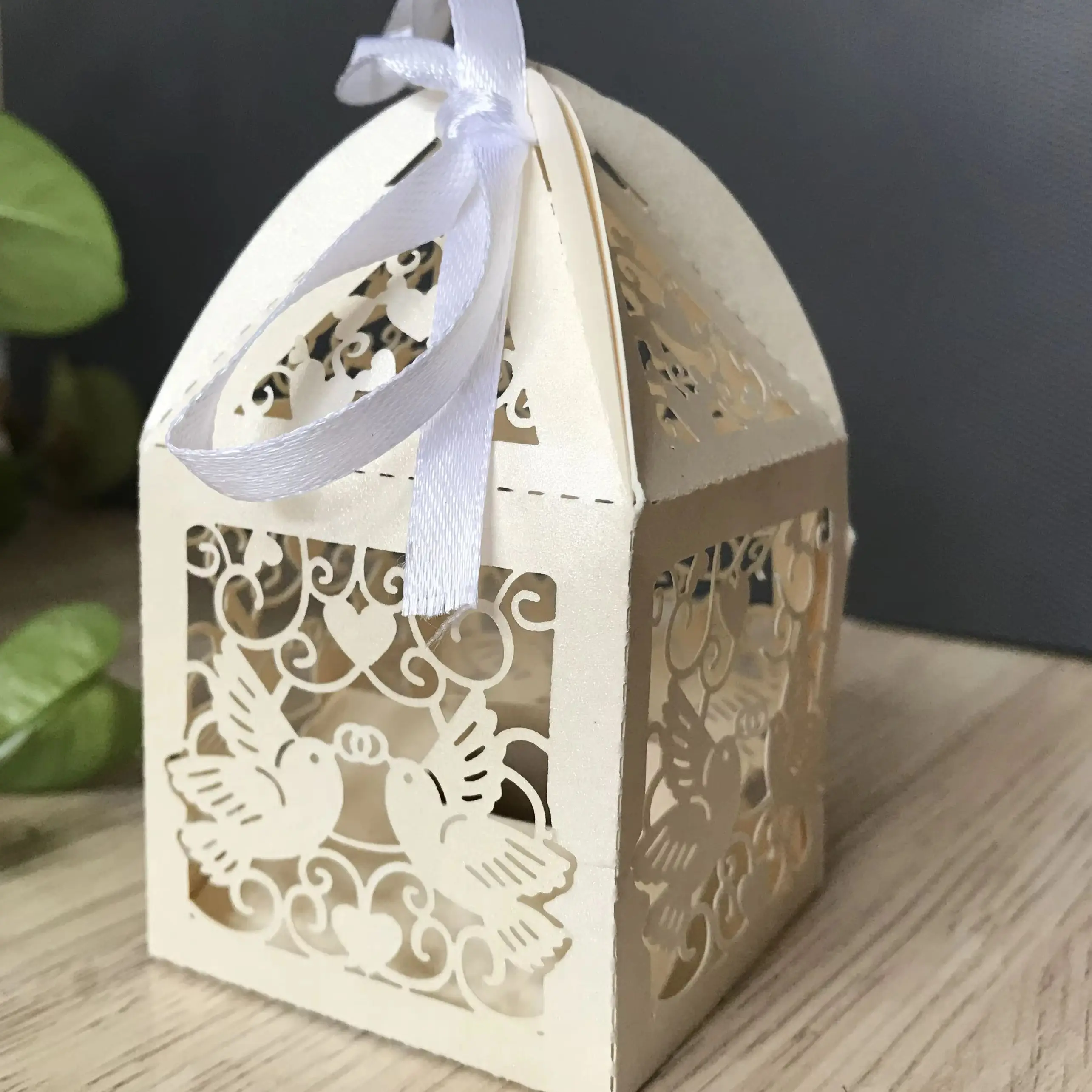 

10pcs 2.36*2.36*3.74'' Pearl Ivory Laser Cut wedding Favor Boxes,Cupcake Gift Box,Candle Boxes with Ribbon for Party Decoration