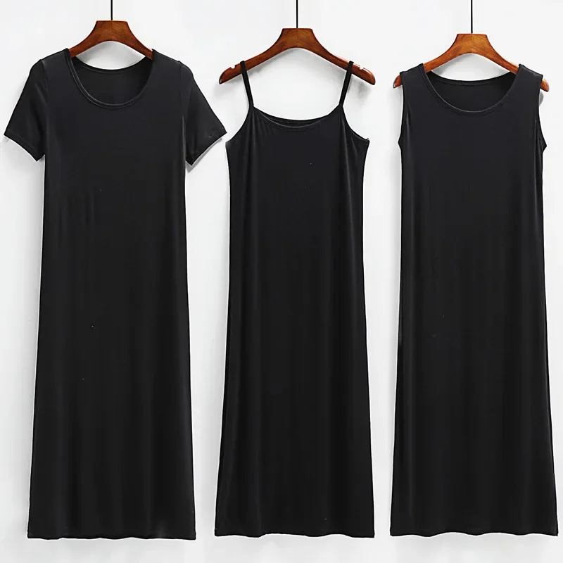 Vestido sin mangas de Modal de verano para mujer, chaleco negro interior, vestido largo, falda acampanada de manga corta para primavera y otoño, ropa interior