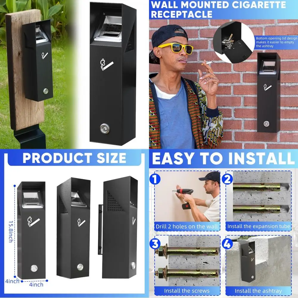 

Outdoor Wall-Mounted Trash Can, Easy Cleaning, Black Metal Bin for Patio, Restaurants, Hotels, and Pub Clubs