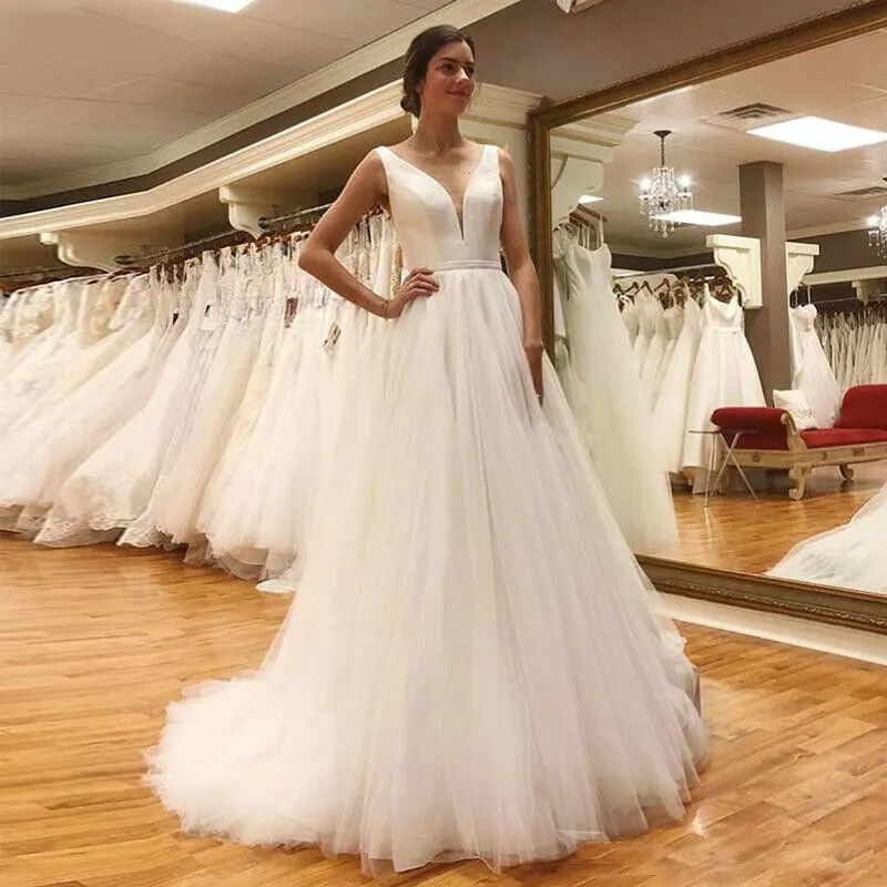 Vestido De Novia Simple con escote en V profundo, prenda larga hasta el suelo con cola De barrido, 2022