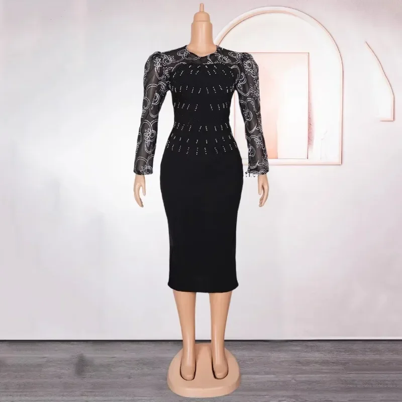 

Customized Elegant Bodycon Dresses for Women O Neck Full Sleeve Diamond Beaded Sheath Package Hips Mid Calf Professional Work Dr
