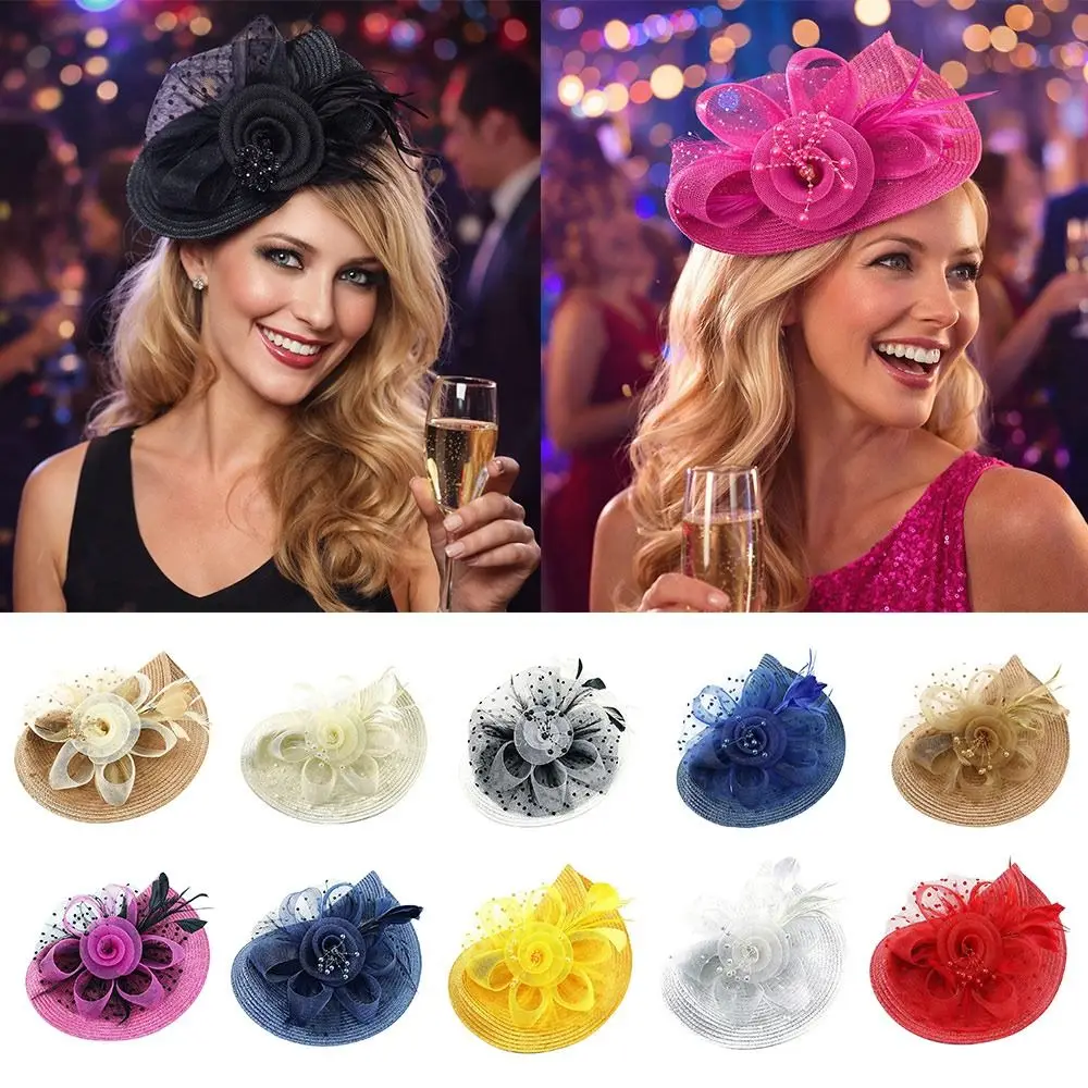 

Fashion Mesh Ribbons Fascinator Caps Flower Feather Elegant Hair Drop Fascinator Hat Hair Clip Women Makeup Prom