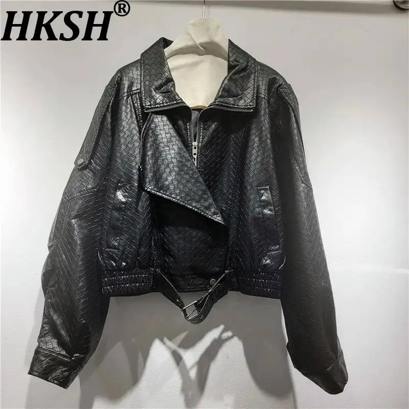 HKSH Women PU Leather Jacket Moto Biker Style Woven Design Waist Belt Solid Color Patchwork High Street Loose Short Coat HK25866