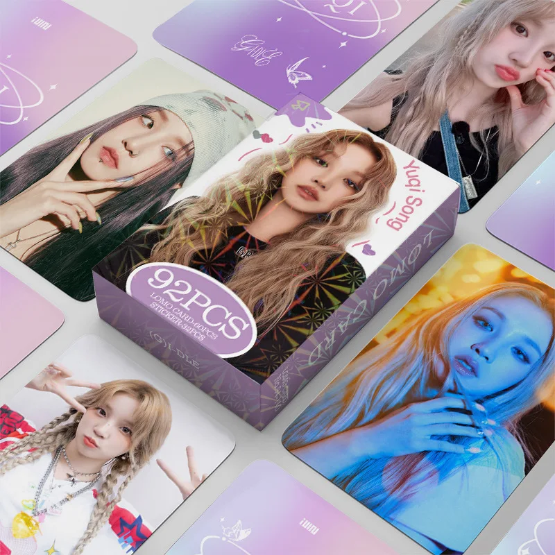 92 sztuk/zestaw KPOP (G)I-DLE Laser Lomo karty fotokarta naklejki dwustronne HD drukowane fotokartka YUQI kolekcja dla fanów pocztówka prezent