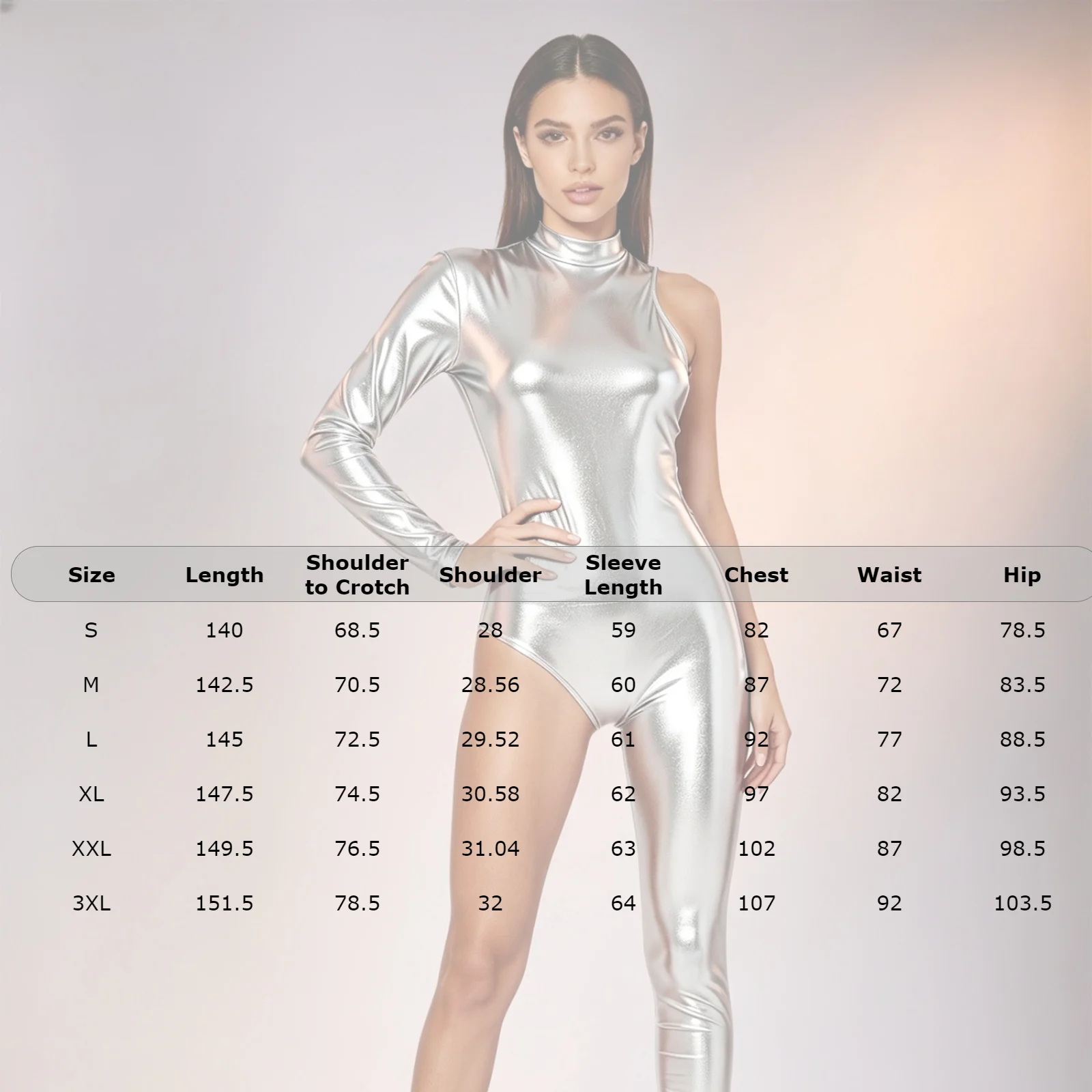 Asymmetrischer Metallic-Jumpsuit für Damen, einärmelig, mit unsichtbarem Reißverschluss am Rücken, glänzender Bodysuit, modernes Jazz-Tanzkostüm – Detail 1