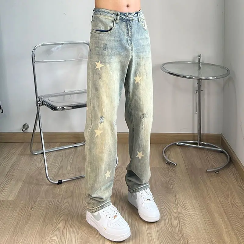 

Printed Washed Yellow Mud Star Jeans Trendy Brand Thin High Street Versatile Loose Pants Trousers Straight Men's Luxury Clothing