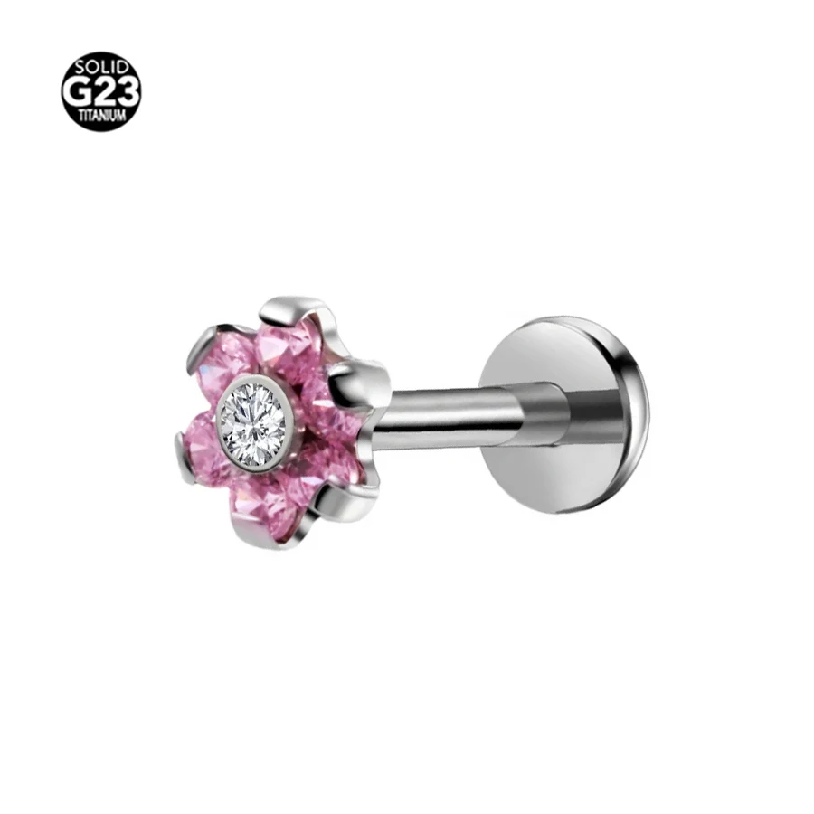 1PC G23 Titanium Flower internally threaded Labret Ring CZ Labret Piercing Lip Morne Earrings Stud Cartilage Piercings Body Jewe