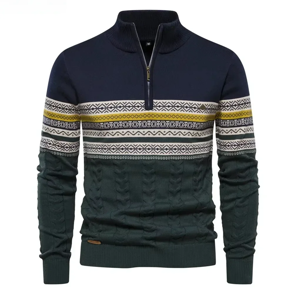 2023 Autumn Winter Men's Sweater High-quality Half High Collar Color Matching Sweater Male Business Casual Knitwear Pullovers