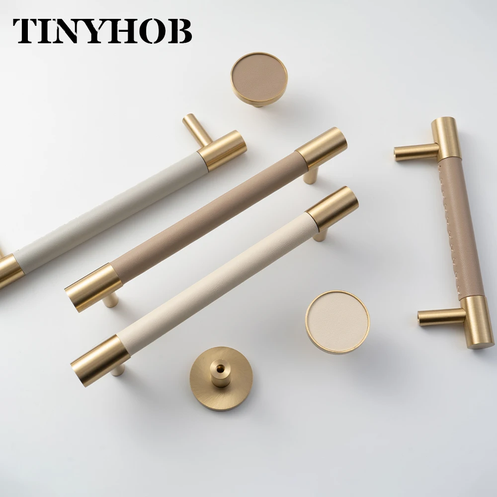 European Modern Leather Wrapped Brass Cabinet Handles T Bar Pulls for Wardrobe Closet Kitchen Cupboard Drawer Furniture Hardware