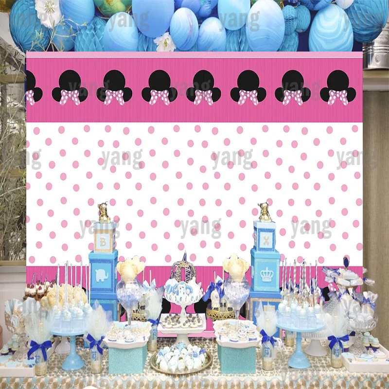 Disney cartoon adorável preto minnie mouse cabeça personalizado bonito gravata borboleta e pink dots pano de fundo festa de aniversário fotografia fundo