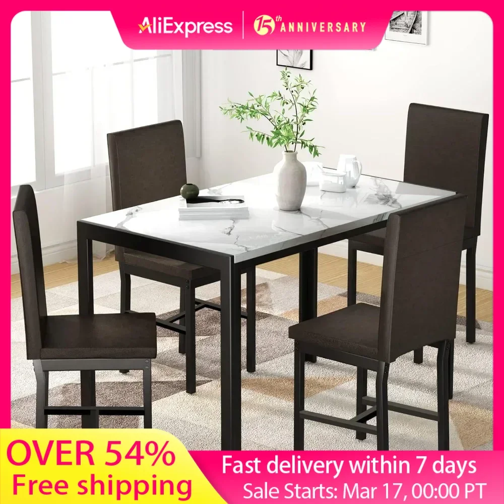 Dining Table Set 5 Pieces Marble Sets, Table 4 w/Faux Leather Metal Frame Chairs for Dining Room, Kitchen, Breakfast Corner