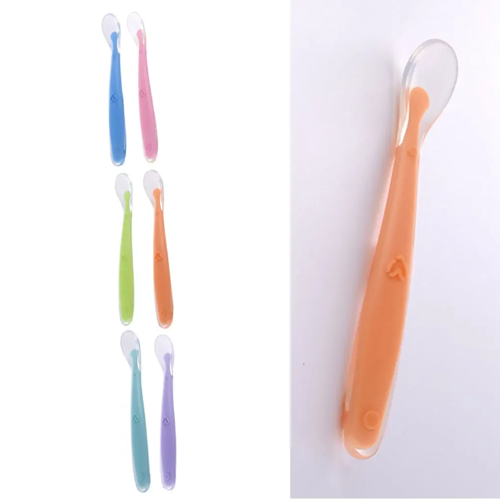 Baby Silicone Spoon Temperature Children Feeding Tools Non-Slip Toddler Meal Training Scoop Restaurant Household pink blue