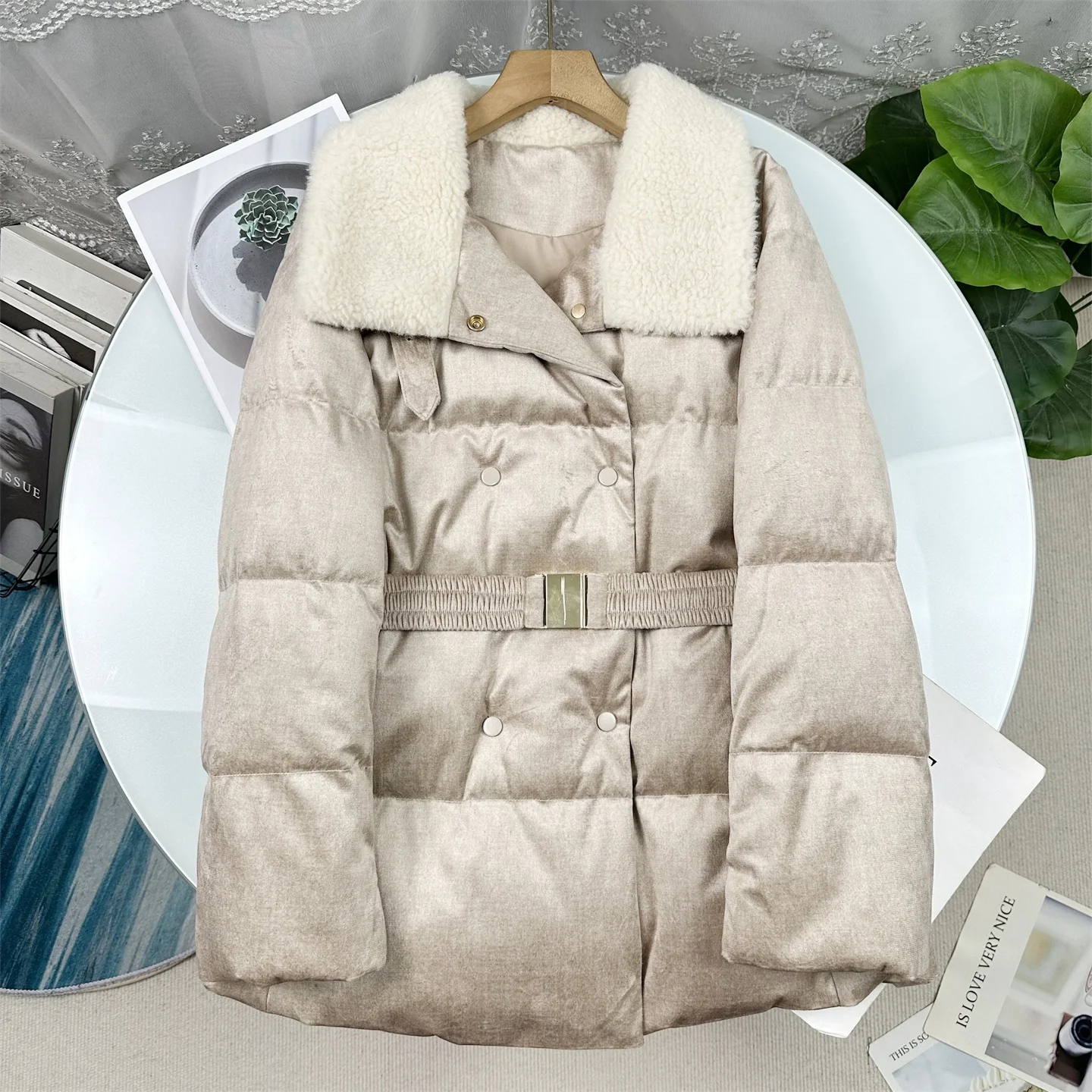 

Loose Women's down Jacket Silk Camel down Waist-Cinching Winter Coat Mid-Length Outerwear Ceiling Series New Arrival
